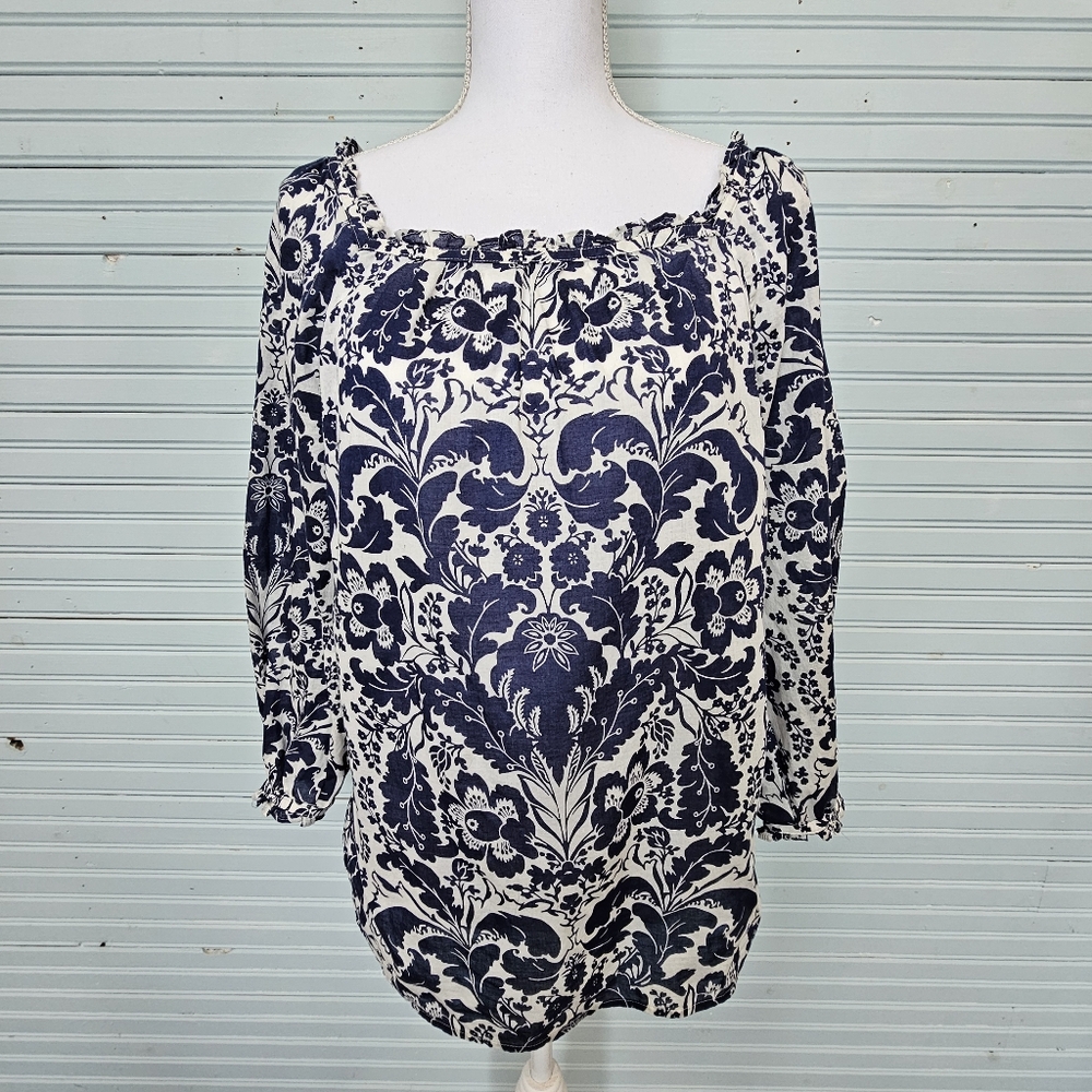 Talbots Cottagecore Navy Blue White Floral Long Sleeve Lightly Ruffled Top Sz S